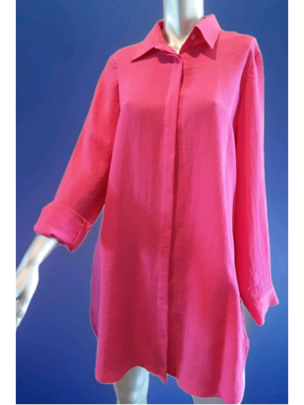 FRIDAZE-Camellia Pink-Tunic Length 100% Linen Shirt Sz S/M No Wrinkle-Boutique